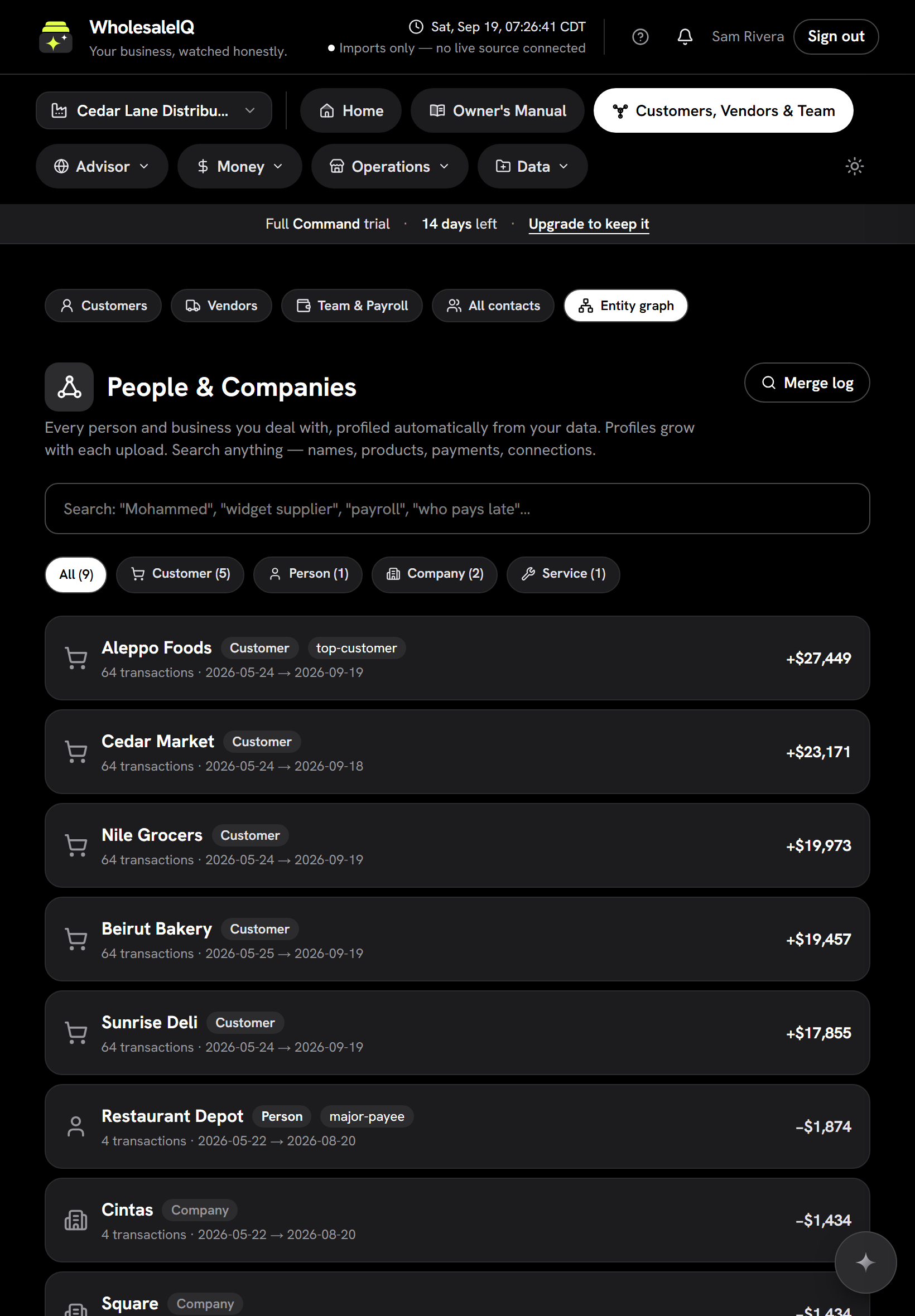 People and Companies: every customer and vendor profiled from the uploaded data